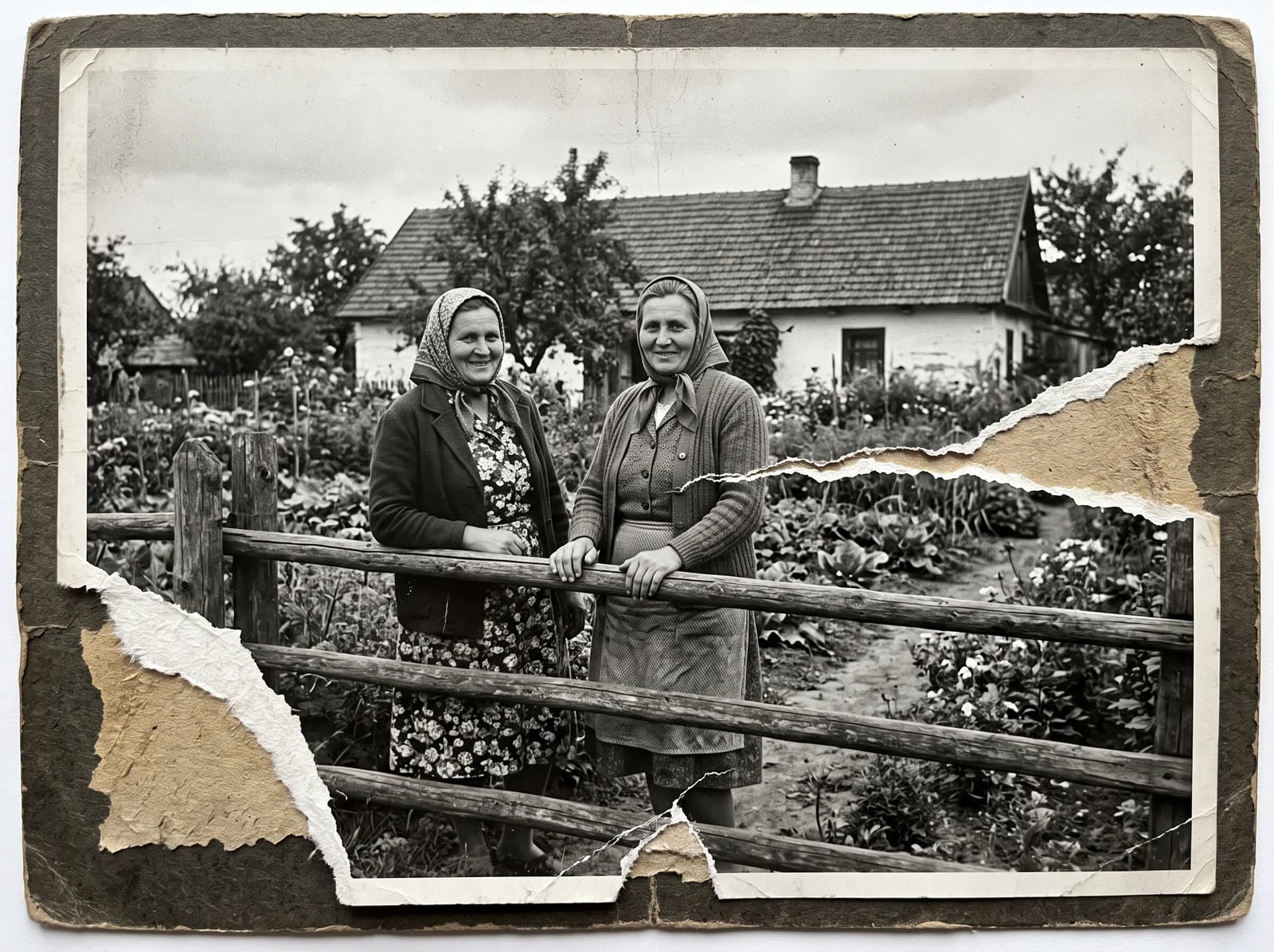 Podarte czarno-białe zdjęcie dwóch kobiet przy drewnianym płocie, brakuje narożnika (zdjęcie źródłowe wygenerowane przez AI)