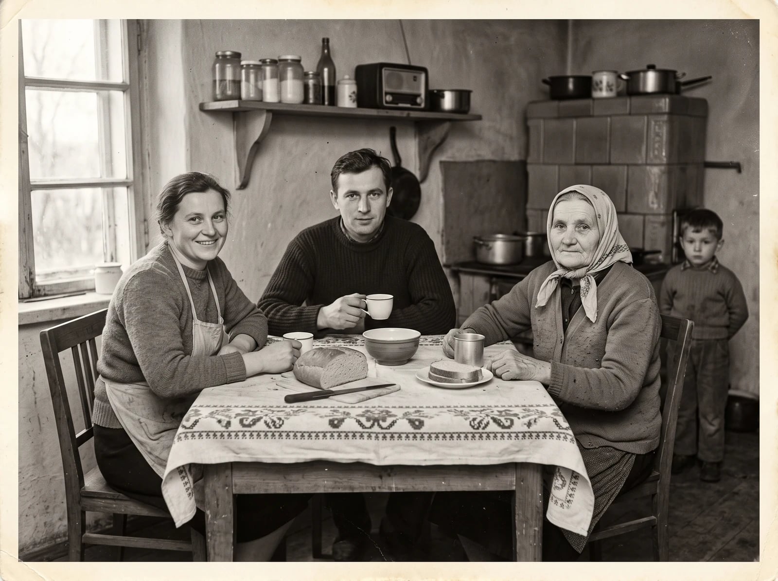 Czarno-biała fotografia rodziny przy kuchennym stole z połowy lat 50. (zdjęcie źródłowe wygenerowane przez AI)