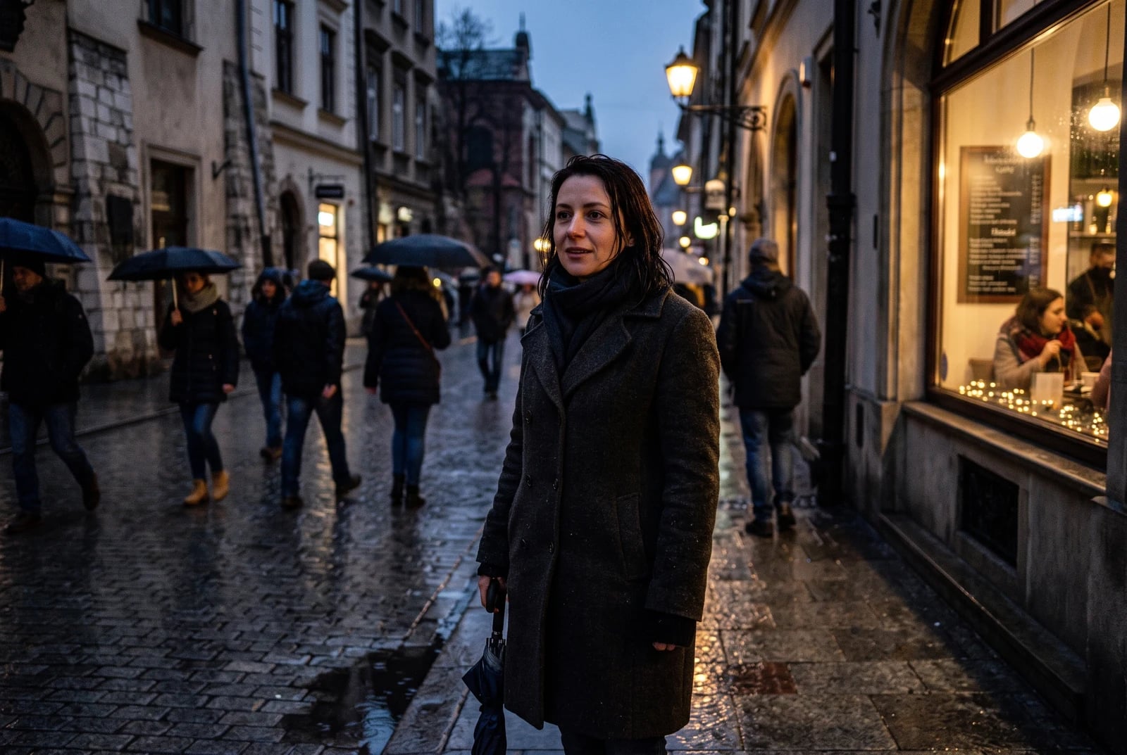 Silnie zaszumione wieczorne zdjęcie kobiety na mokrej ulicy, wysokie ISO (zdjęcie źródłowe wygenerowane przez AI)