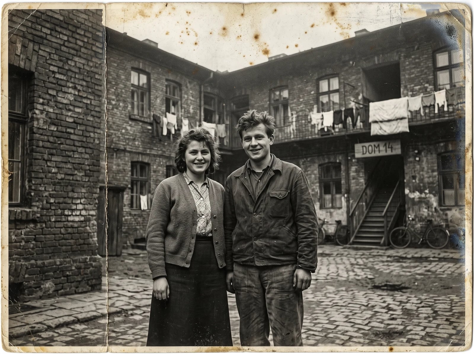 Zniszczona czarno-biała fotografia młodej pary z lat 50. z zagięciem i plamami (zdjęcie źródłowe wygenerowane przez AI)
