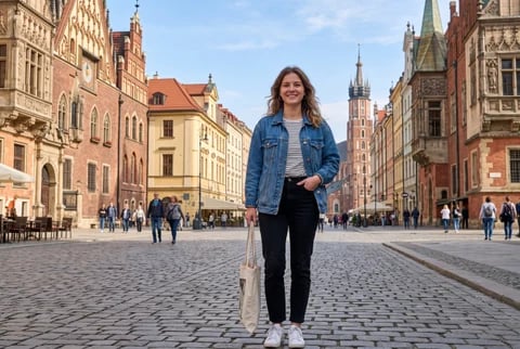 Małe, nieostre zdjęcie kobiety na starówce o szerokości zaledwie kilkuset pikseli (zdjęcie źródłowe wygenerowane przez AI)