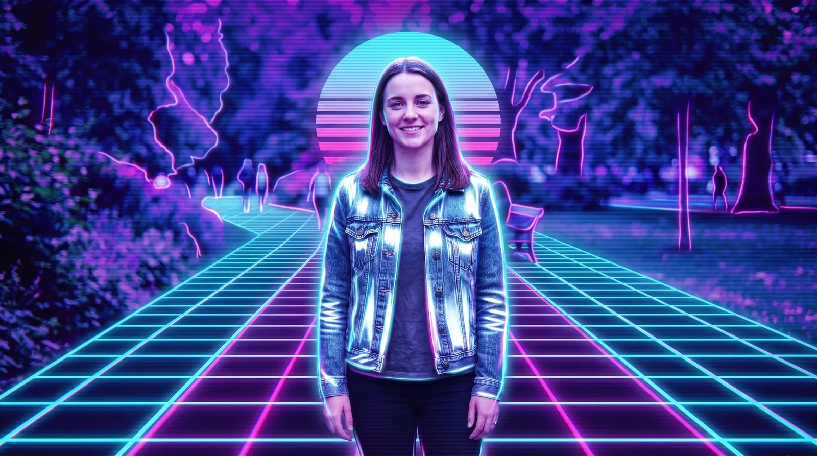 To samo zdjęcie po stylizacji w Retuszuj.pl — styl: Synthwave. Rysy twarzy i kompozycja zachowane