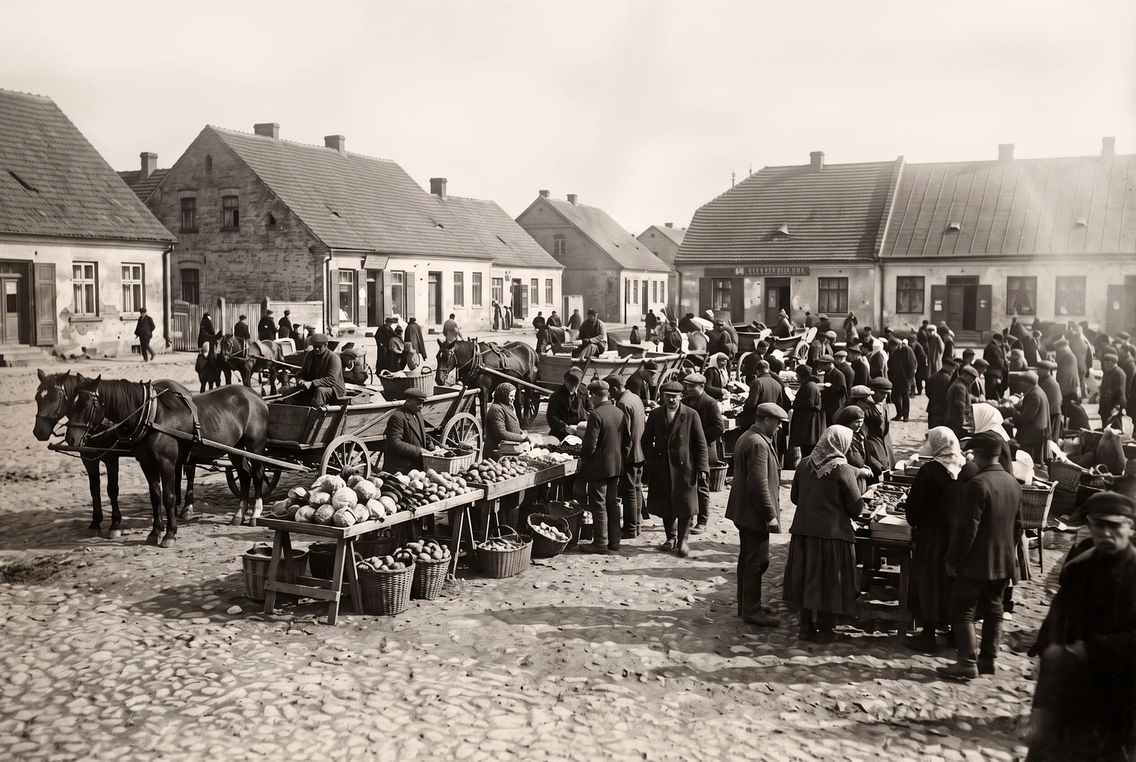 Ta sama scena po odrestaurowaniu w Retuszuj.pl: czytelne stragany, wozy i sylwetki przechodniów